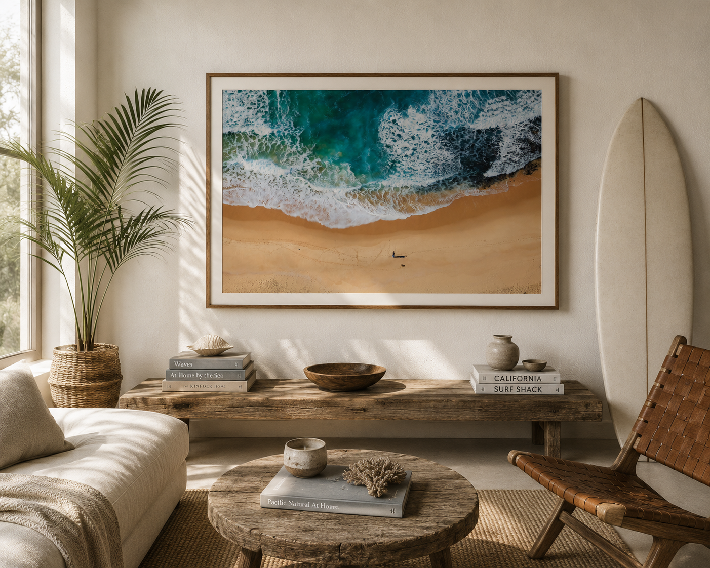 A framed square art print photographed by Richard du Toit depicting turquoise ocean waves crashing on a sandy beach, displayed on a beige wall in a styled living room with a sofa, coffee table, and a surfboard leaning against the wall.
