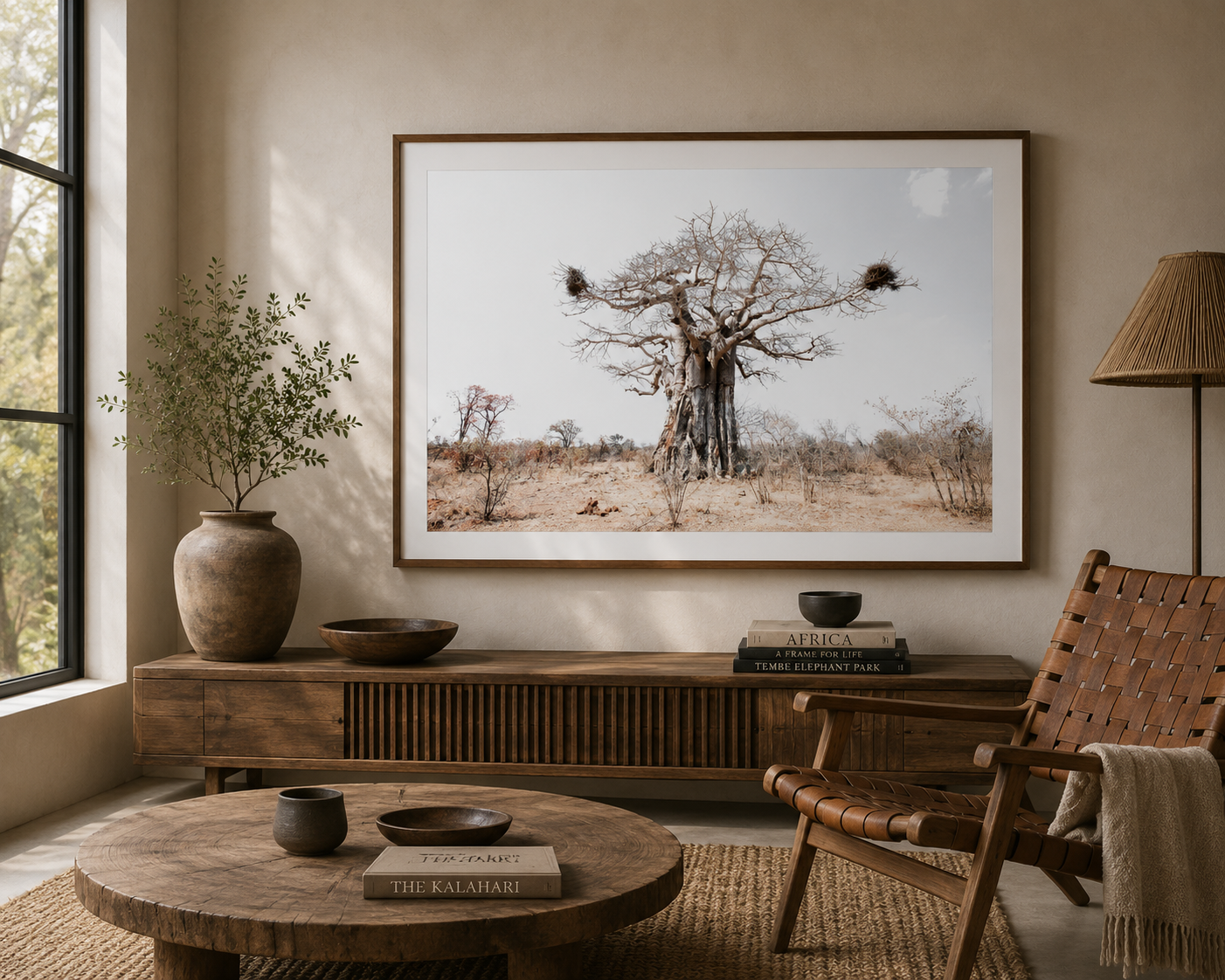 A large framed art print photographed by Richard du Toit depicting a dry savanna scene with a baobab tree and bird nests, displayed on a beige wall in a styled living room with a wooden console, woven chair, and round coffee table.