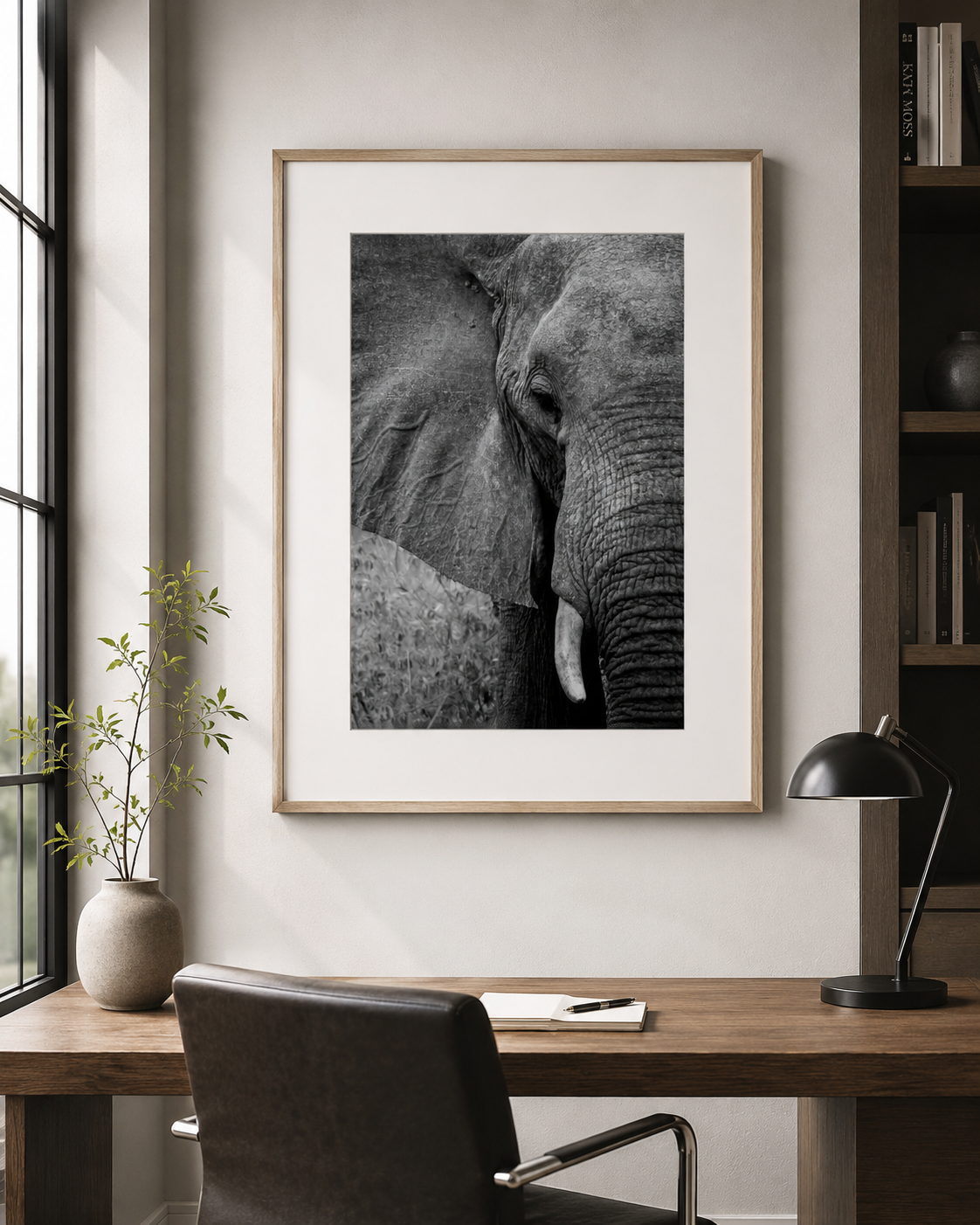 A framed black and white elephant print hangs on a light gray wall above a wooden desk in a modern office setting with a chair, lamp, and plant.