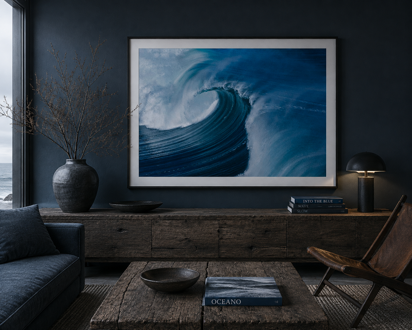 A large framed wall art print photographed by Richard du Toit depicting a dramatic blue ocean wave curling, displayed in a modern living room setting above a rustic wooden console table.