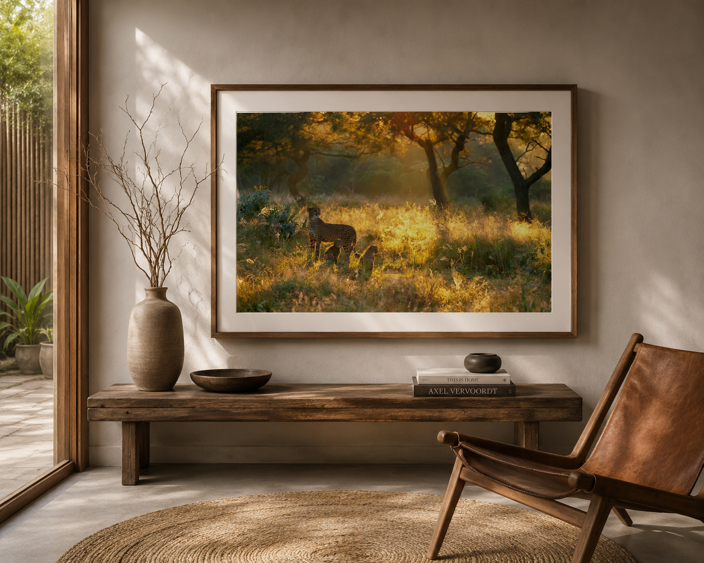 Framed fine art print of a cheetah and cubs in golden African grassland by Richard du Toit, displayed in a warm contemporary interior