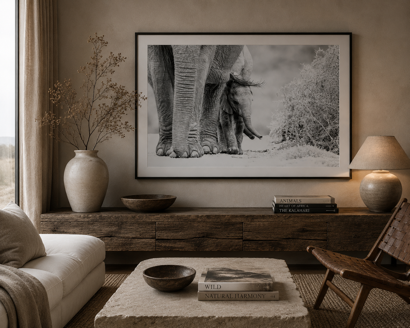 Framed black and white fine art print of an elephant calf walking beside its mother by Richard du Toit, displayed in a soft neutral interior