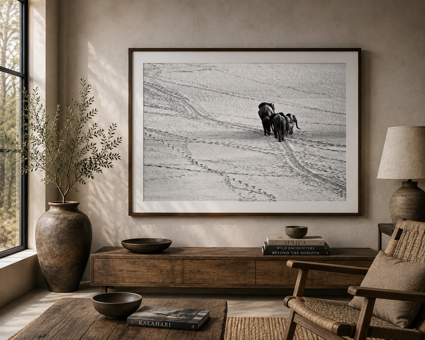 Framed black and white fine art print of elephants walking across sand by Richard du Toit, displayed in a neutral modern interior