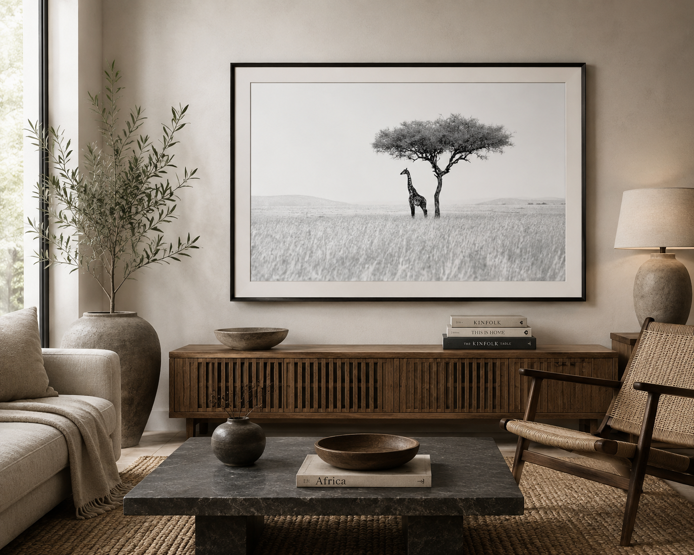 Framed black and white fine art print of a giraffe beneath an acacia tree by Richard du Toit, displayed in a warm contemporary interior