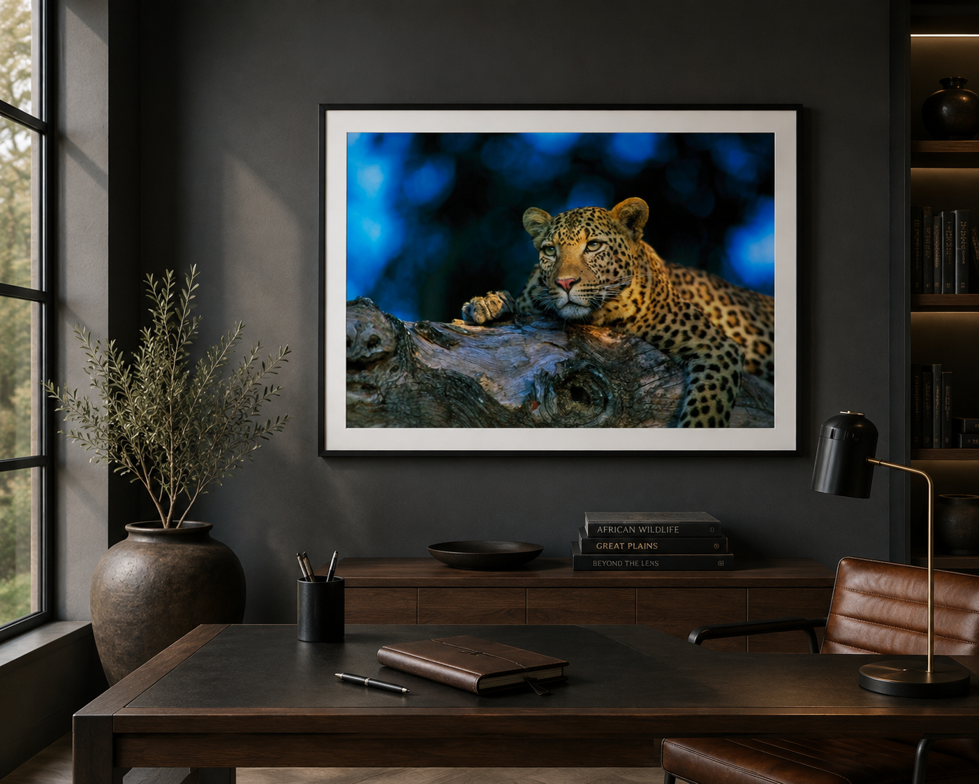 Framed fine art print of a leopard resting on a log or tree by Richard du Toit, displayed in a warm natural interior above a wooden desk