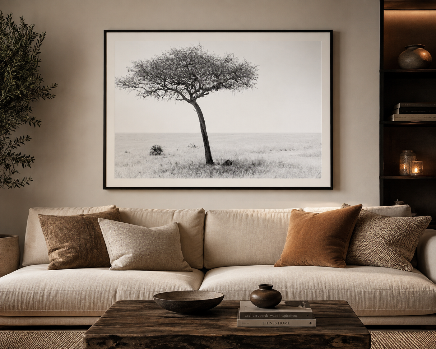 Framed black and white fine art print of a lion sitting beneath a lone acacia tree in the African savanna of the Masai Mara, styled above a cream sofa in a warm, cosy living room, photographed by Stef Leny