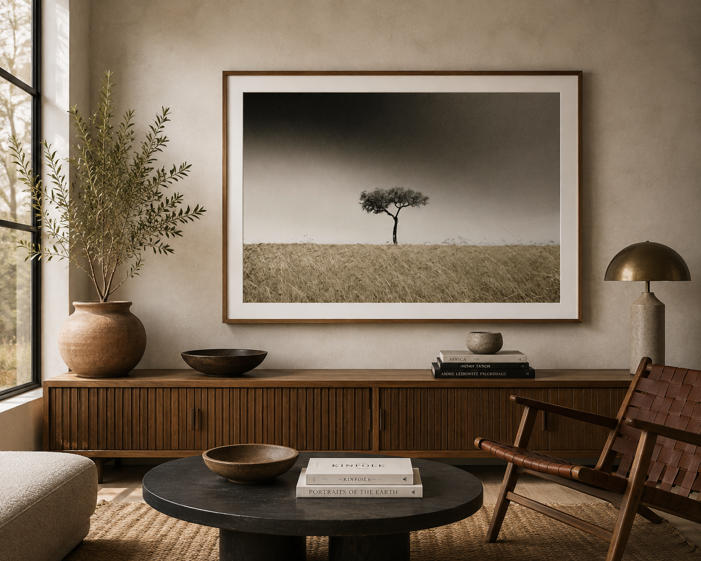 Framed fine art print of a lone acacia tree beneath a dramatic sky by Richard du Toit, displayed in a moody natural interior