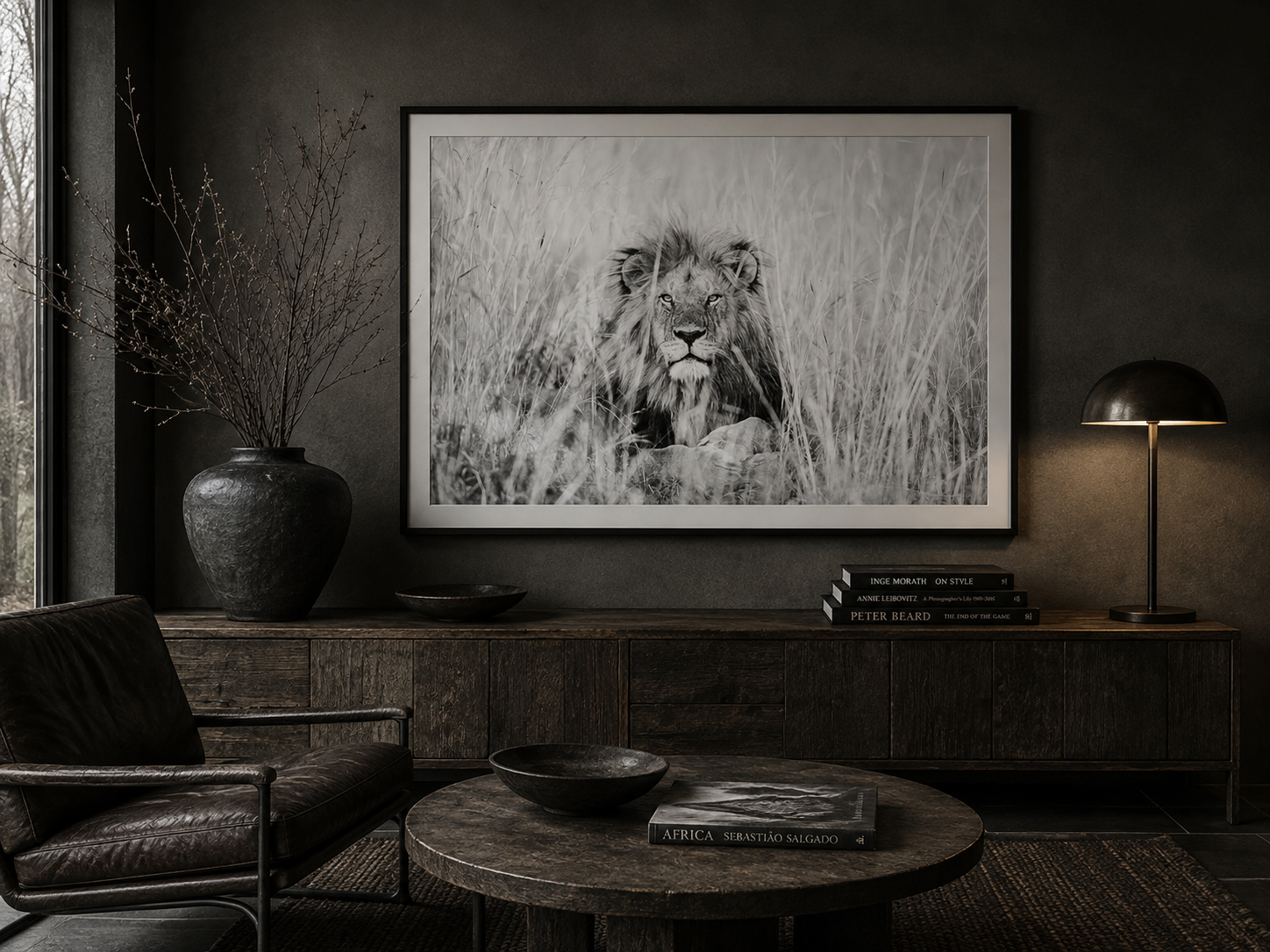 Framed black and white fine art print of a male lion in tall grass by Richard du Toit, displayed in a warm modern interior