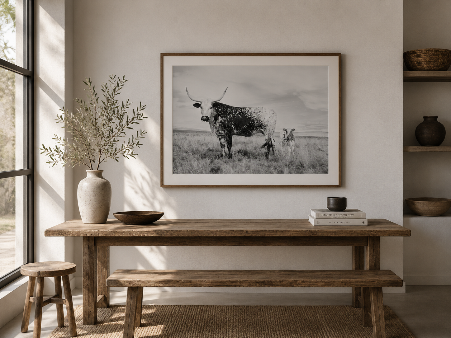 A framed black and white photograph of a longhorn Nguni cow in a field, displayed on a beige wall above a rustic wooden bench and table in a styled interior room, photographed by Richard du Toit