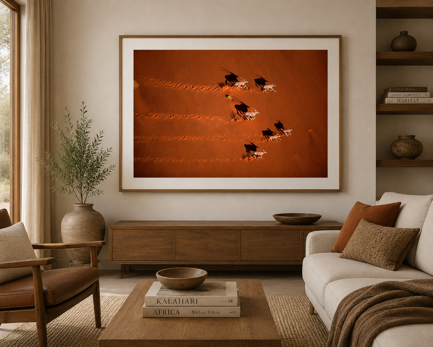 A framed art print depicting a herd of black and white oryx walking across a warm orange desert landscape, displayed on a beige wall in a modern, neutral-toned living room setting, photographed by Richard du Toit
