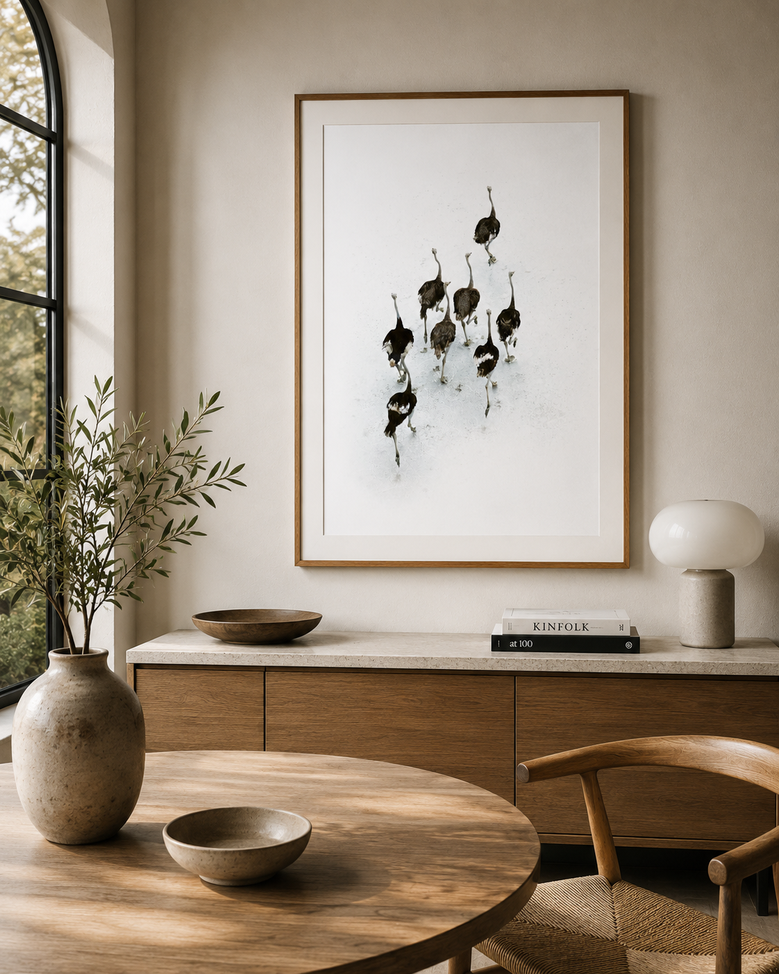 Framed black and white fine art print of ostriches by Richard du Toit, styled in a warm modern interior above a wooden sideboard with a vase, bowls and lamp