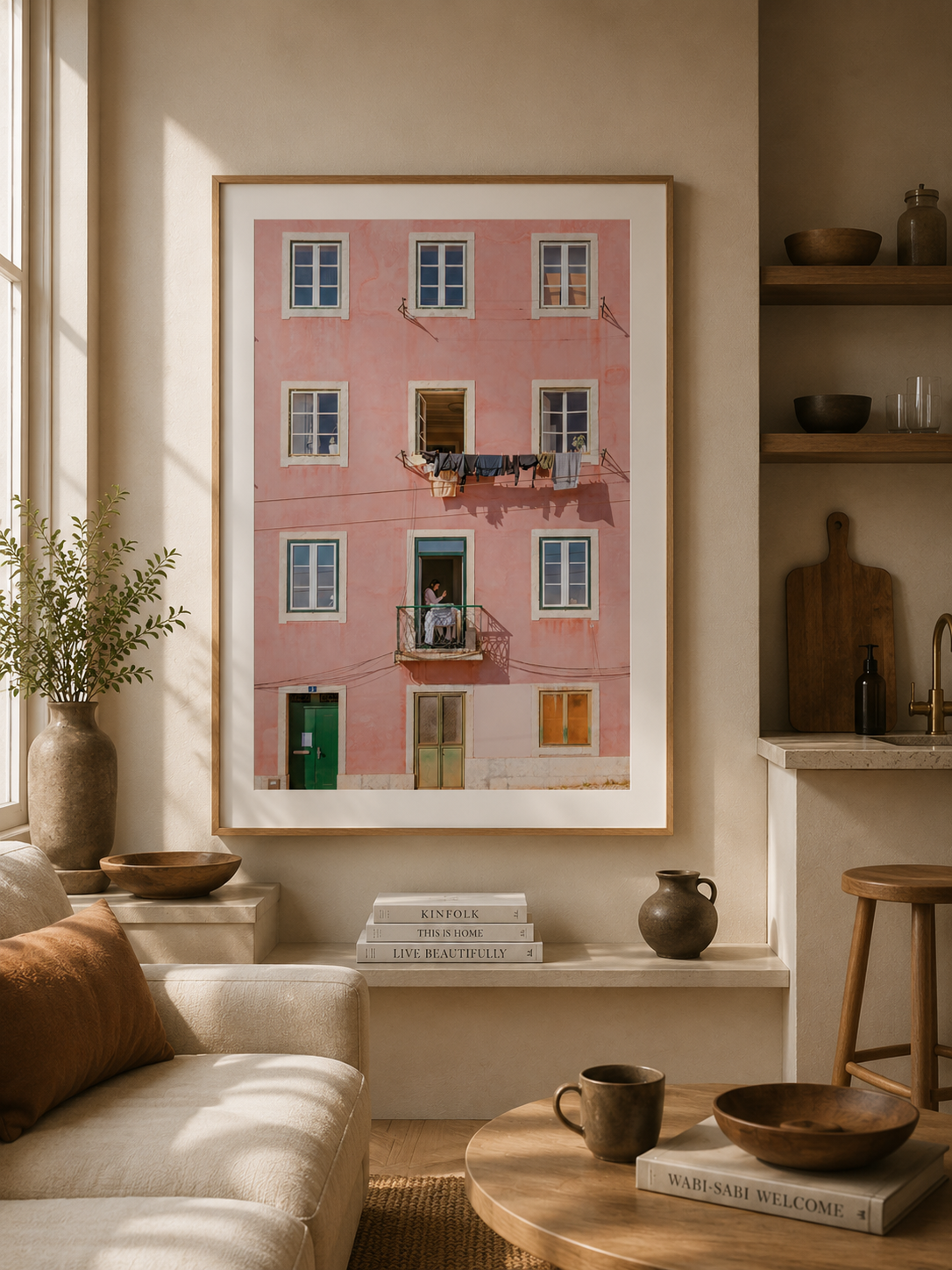 Pink building facade with a woman on a balcony and laundry hanging outside, photographed by Francois Louw