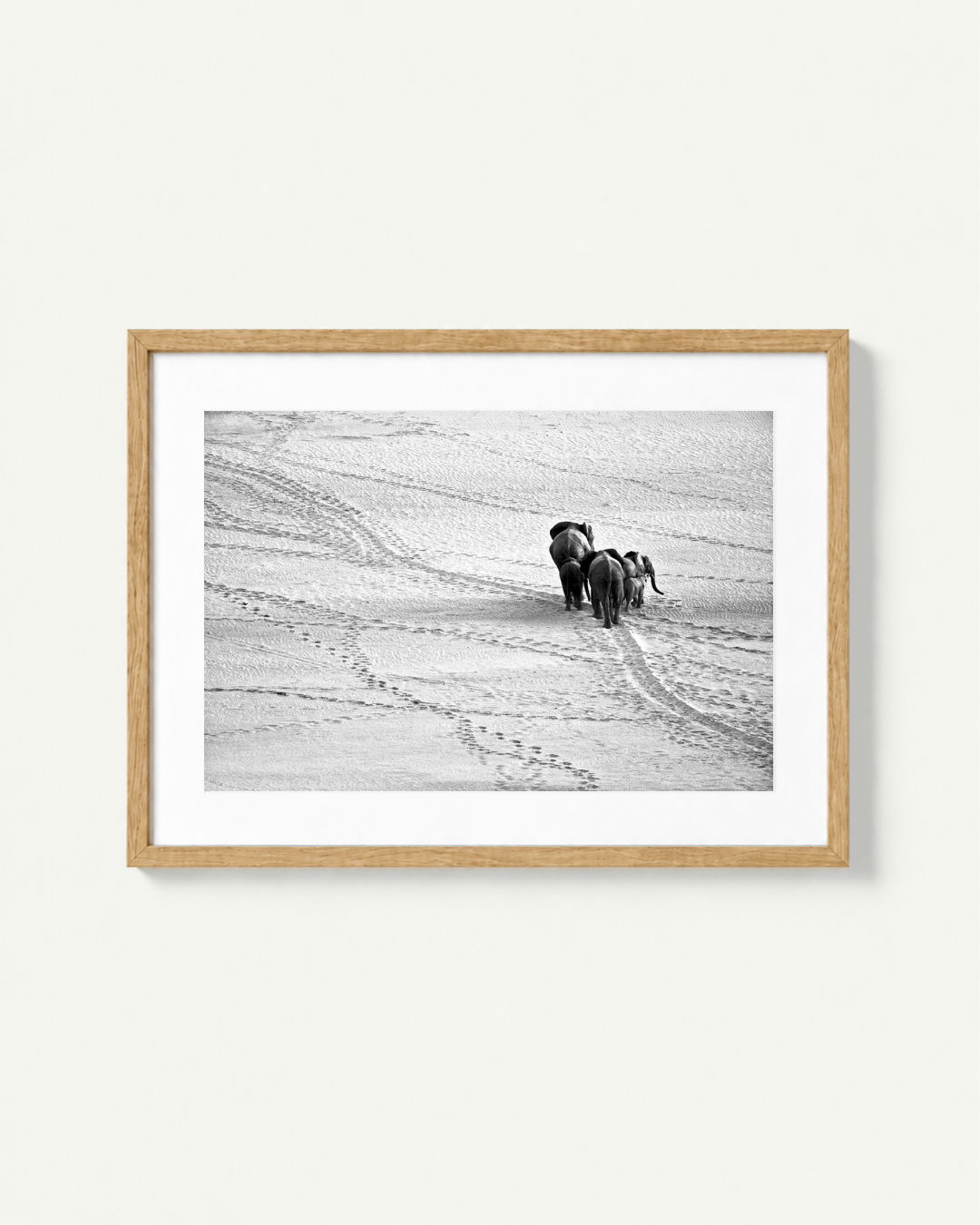 A framed black and white photographic print of two dogs running across a snowy field, set in a light natural wood frame with a white mat, displayed against a light beige wall.