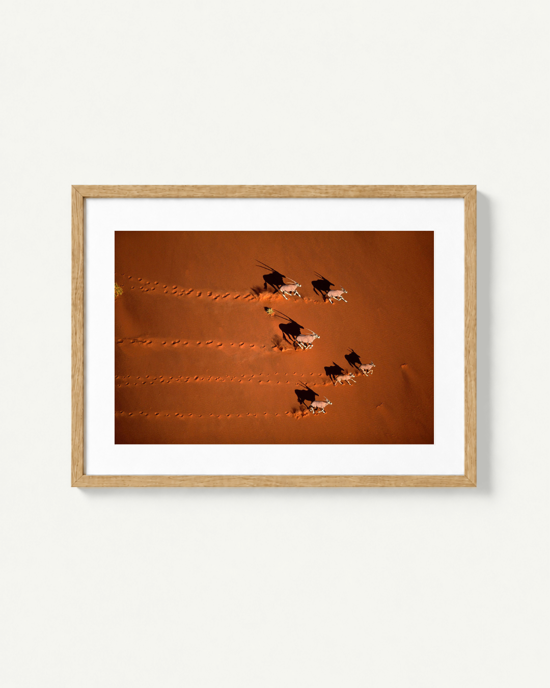 Framed wall art showing a desert scene with several gemsbok oryx walking across a warm orange-brown sand dune, presented in a light wood frame with a white mat against a light gray background.