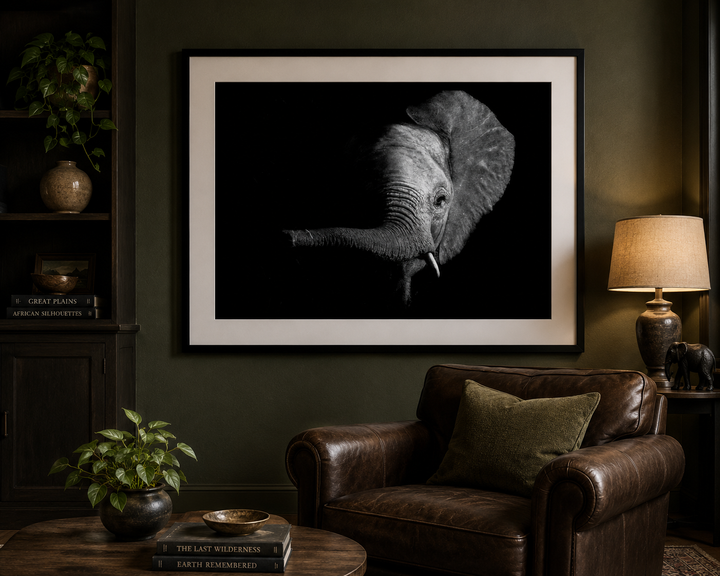 Framed black and white elephant photograph in a living room setting with a brown leather sofa and lamp.