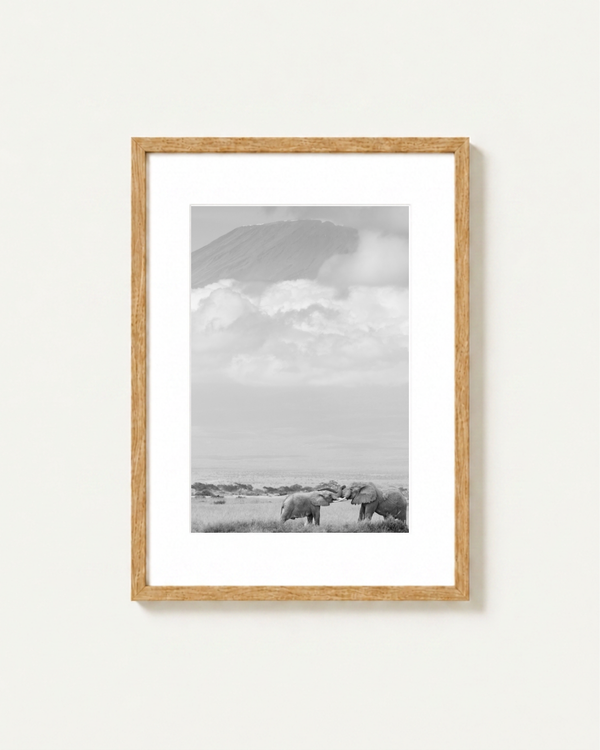 A framed black and white landscape photograph featuring elephants in Amboseli under a cloudy sky with the Kilimanjaro in the background, presented in a light wood frame with a white mat on a light beige wall.