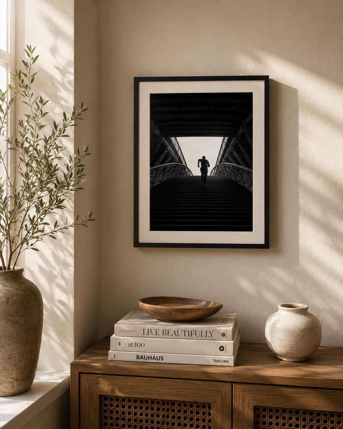 Framed black and white artwork of a silhouette walking under a bridge, displayed on a wall above a wooden side table with decorative items.