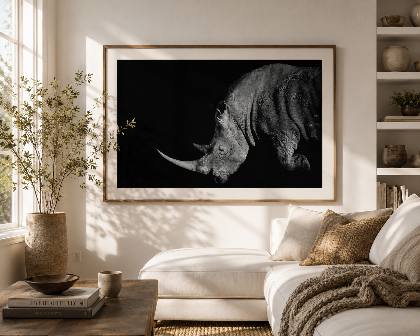 Framed black and white photograph of a rhinoceros in a living room setting with a couch and decor, photographed by Stef Leny