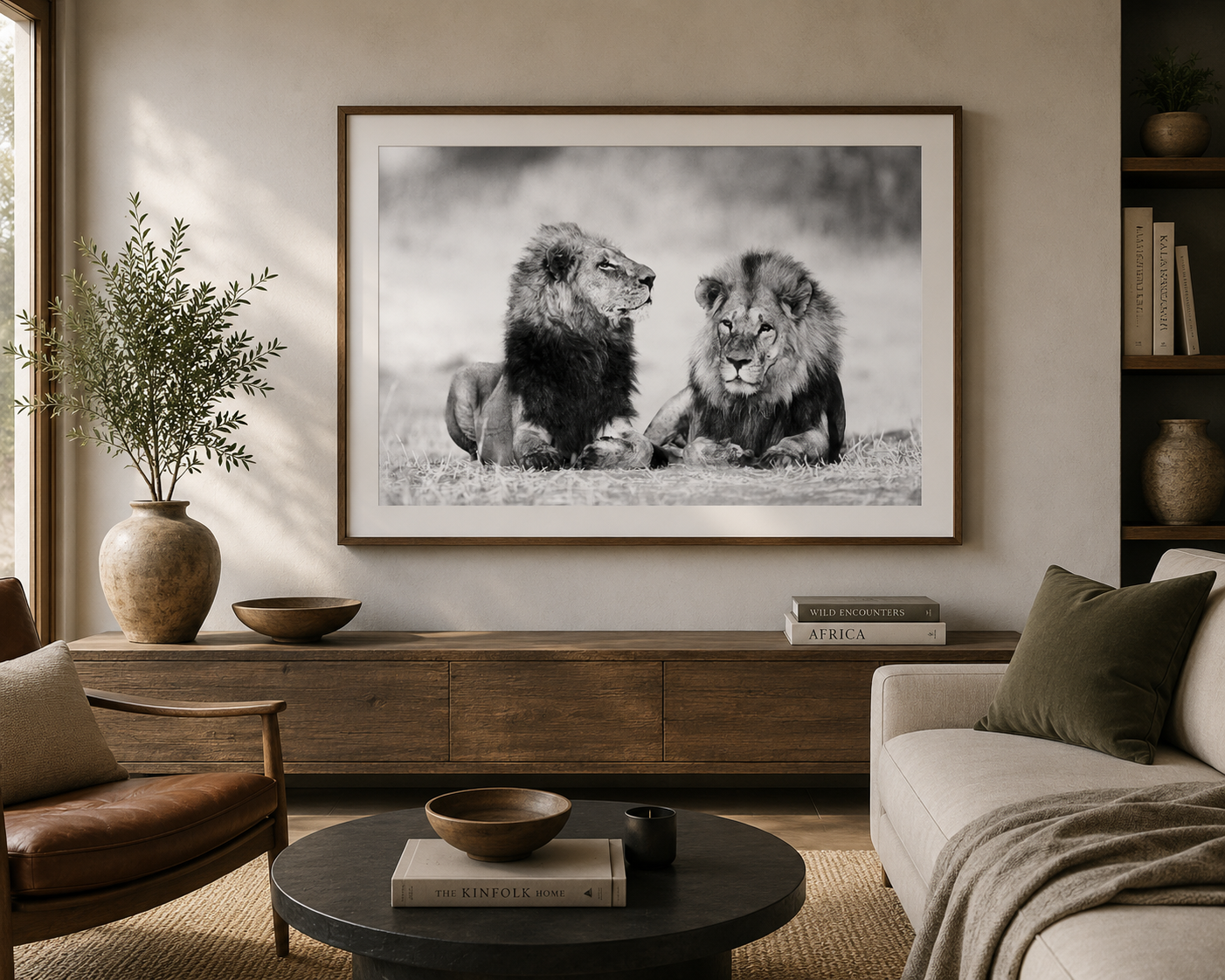 Framed black and white fine art print of two male lions resting together by Richard du Toit, displayed in a sophisticated neutral interior, photographed by Richard du Toit