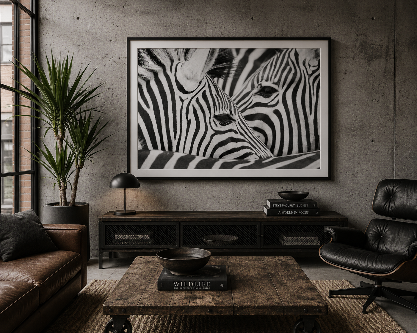 Framed black and white fine art print of zebras in close-up by Richard du Toit, displayed in a contemporary interior
