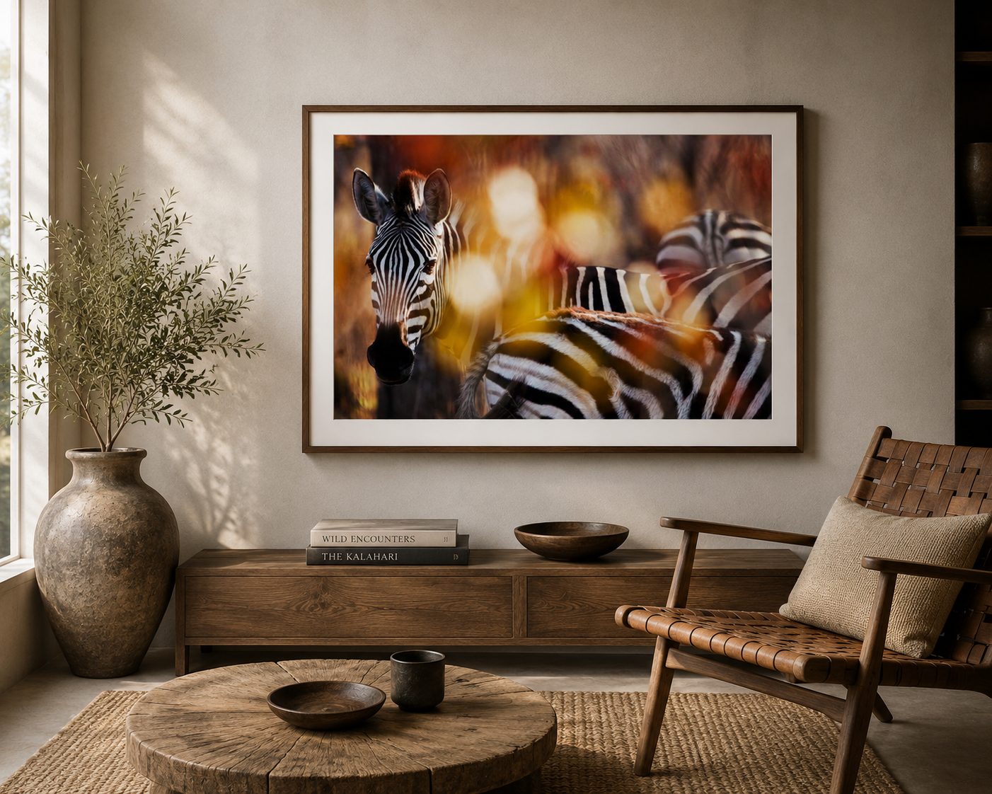 Framed fine art print of zebras in warm golden light by Richard du Toit, displayed in a contemporary African-inspired interior
