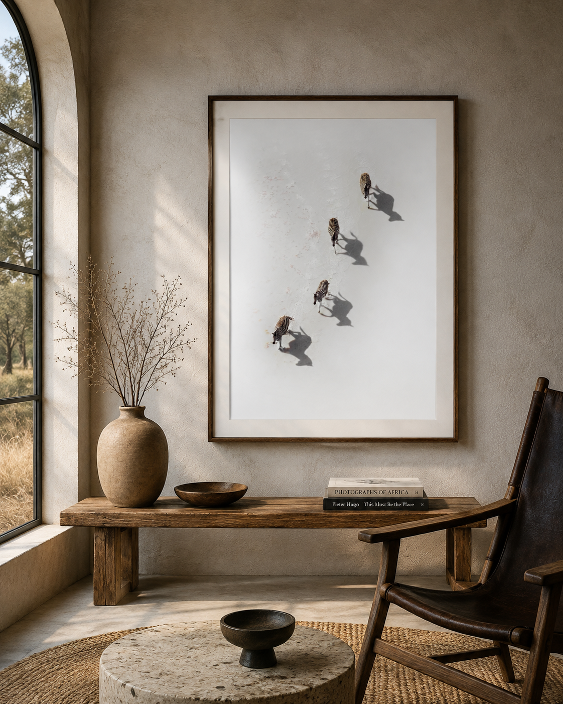 Framed aerial fine art print of zebras walking across a bright landscape with long shadows by Richard du Toit, displayed in a minimalist interior